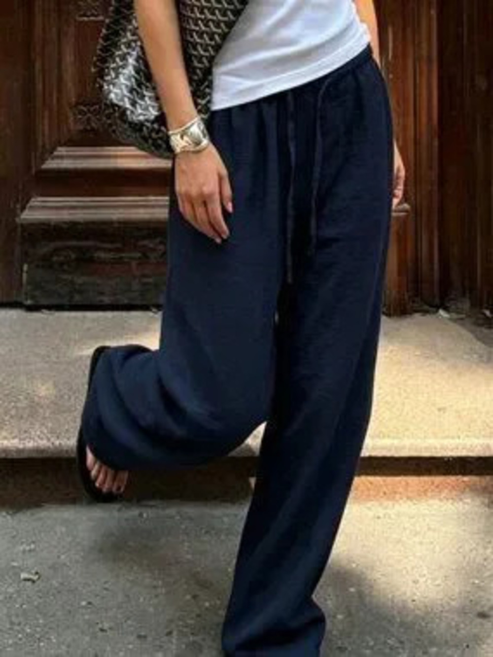 Navy Blue Casual Women's Linen Style Wide Leg Pants